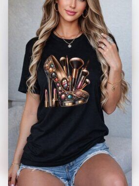 Chic Glam Graphic Tee – Makeup Heel Design Black T-Shirt